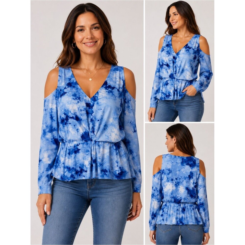 INC INTERNATIONAL CONCEPTS Blue Carrie Tie Dye Open Shoulder Women’s Top